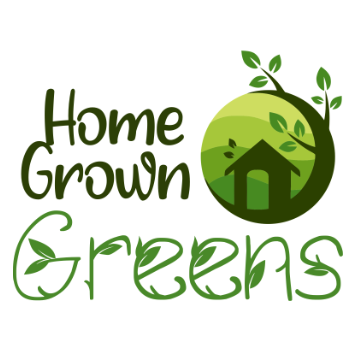 Home Grown Greens logo, featuring a green house icon and leafy lettering, promoting local and sustainable produce.