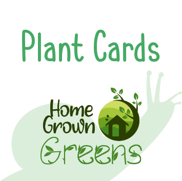 Plant Cards: Home Grown Greens logo with a house icon within a green leafy circle, promoting sustainable gardening.