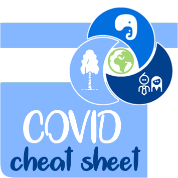 COVID cheat sheet text with a logo showing an elephant, a tree, the earth and people.