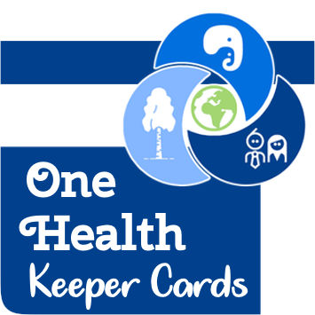 One Health Keeper Cards logo featuring an elephant, tree, earth, and people icons representing interconnected global health.