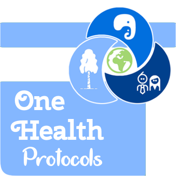 One Health Protocols logo: elephant, tree, human icons representing interconnected health of animals, environment, people.