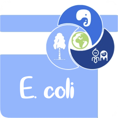 Overlapping blue circles show a white elephant, tree, green globe, and two businesspeople icons over the text "E. coli".