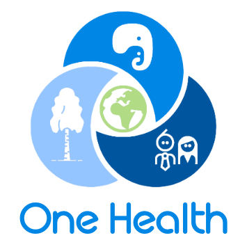 Overlapping blue circles display a white elephant, a green and white globe, and cartoon people above text reading 'One Health'.