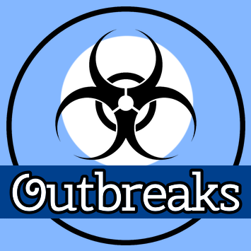 Biohazard symbol centered in a blue circle above the word "Outbreaks" written in white on a navy blue banner.