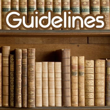 Books line a wooden bookshelf, with the word "Guidelines" superimposed on the top shelf.
