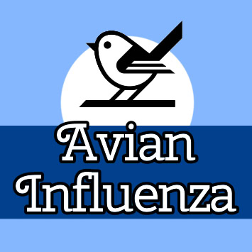 Avian Influenza logo with black bird silhouette on white circle and blue background.