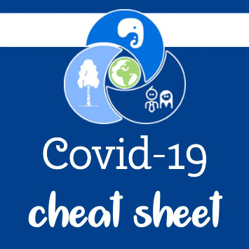 Covid-19 cheat sheet text below interlocking blue circles with elephant, tree, earth, and people icons.