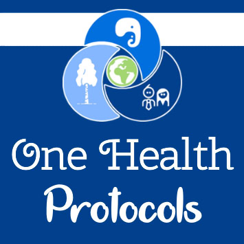 One Health Protocols logo on blue background with elephant, tree, earth, and people icons.