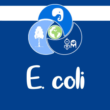 E. coli text below a logo with an elephant, tree, people, and Earth on a blue background.
