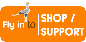 Secretary bird graphic on an orange banner with the text Fly in to SHOP / SUPPORT.